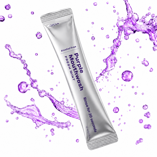 Purple colour-correcting whitening mouthwash bottle