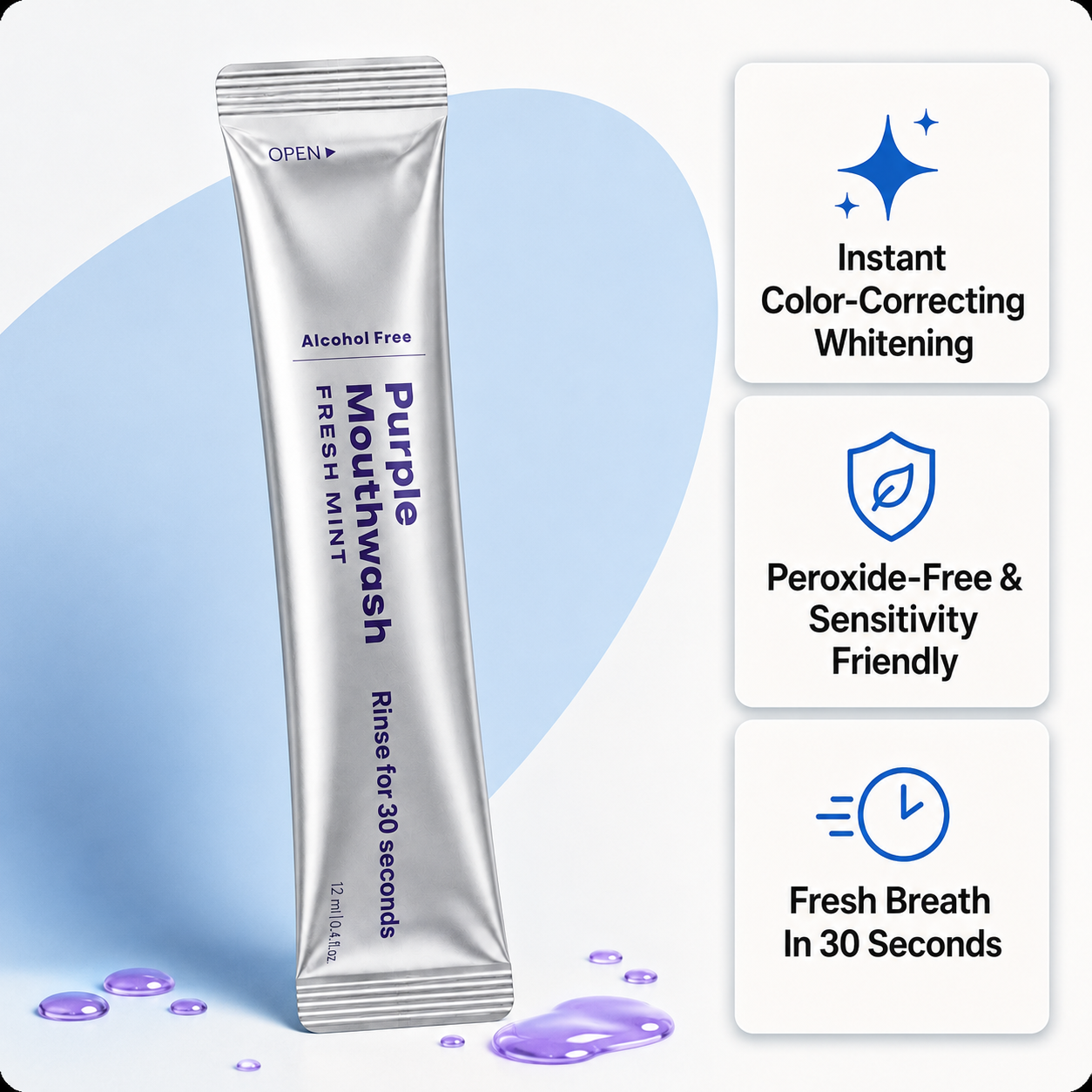 Purple mouthwash sachet held in hand
