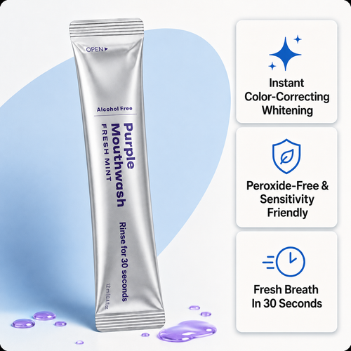 Purple mouthwash sachet held in hand