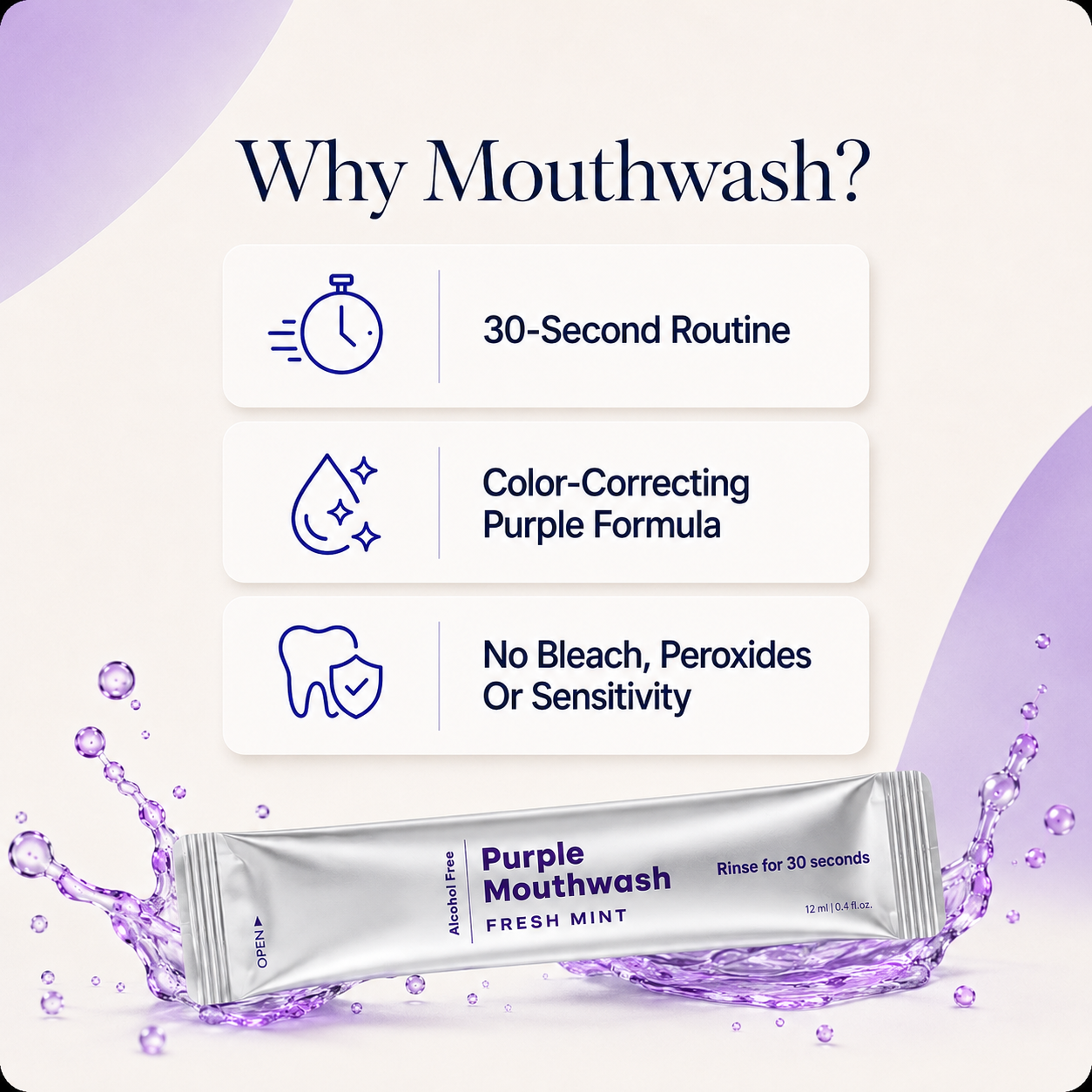 Bright smile after using purple mouthwash